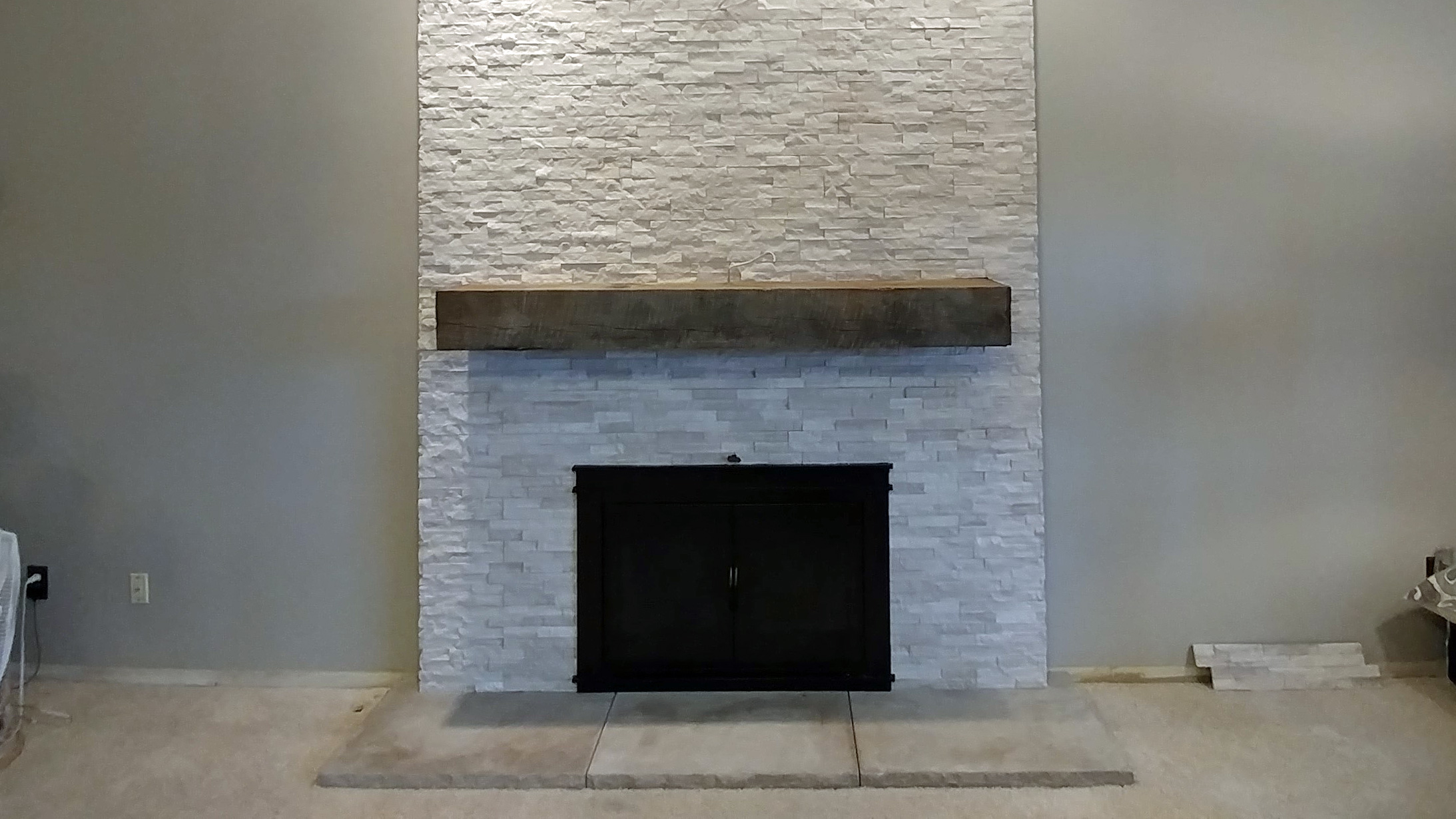 stacked stone fireplace